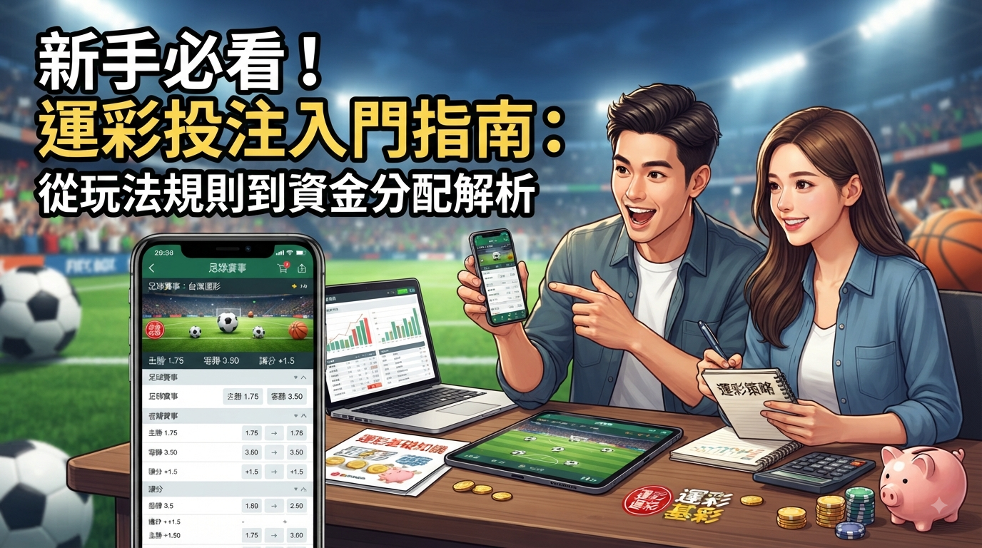 左側清晰展示繁體中文的大標題。 畫面中結合了體育賽事背景、正在研究投注策略的年輕男女、手機投注畫面以及資金管理的計算工具與存錢筒。