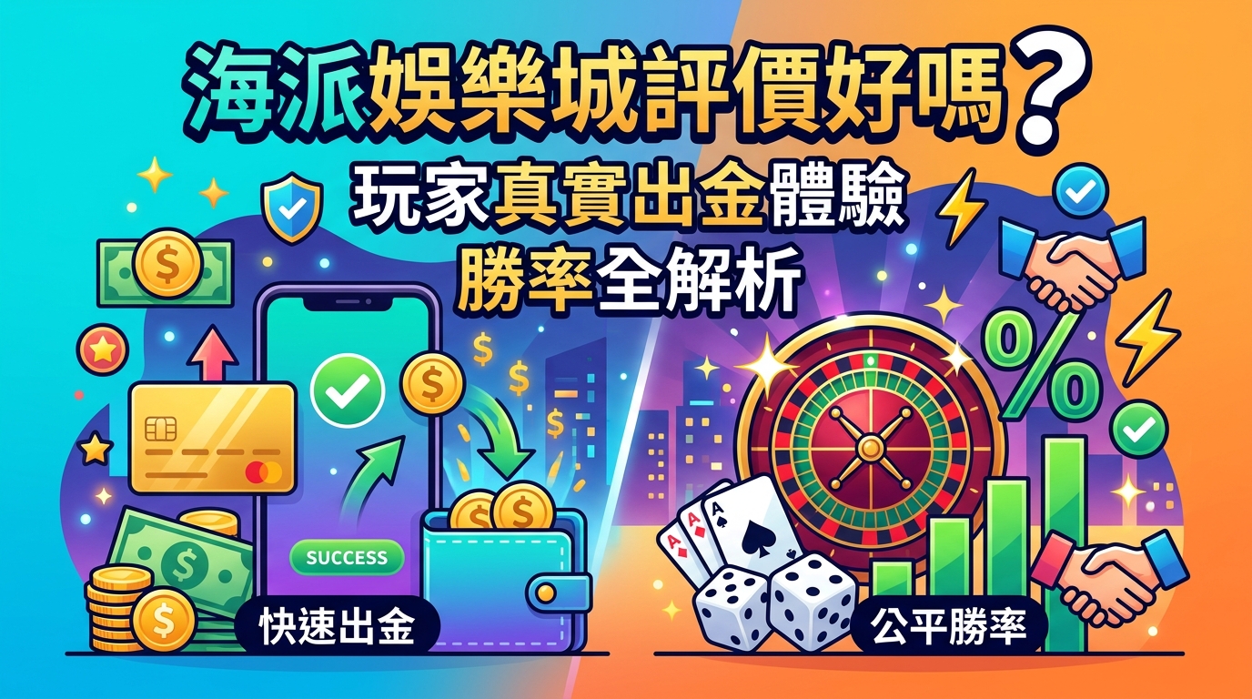 這張圖片是一張16:9比例的SEO文章縮圖，背景採用亮麗的漸層色彩，並融合了手機快速出金、金幣、撲克牌與輪盤等豐富的娛樂城元素。 畫面中央以清晰醒目的繁體中文標題呈現「海派娛樂城評價好嗎？玩家真實出金體驗與勝率全解析」，呈現專業且具吸引力的視覺效果。